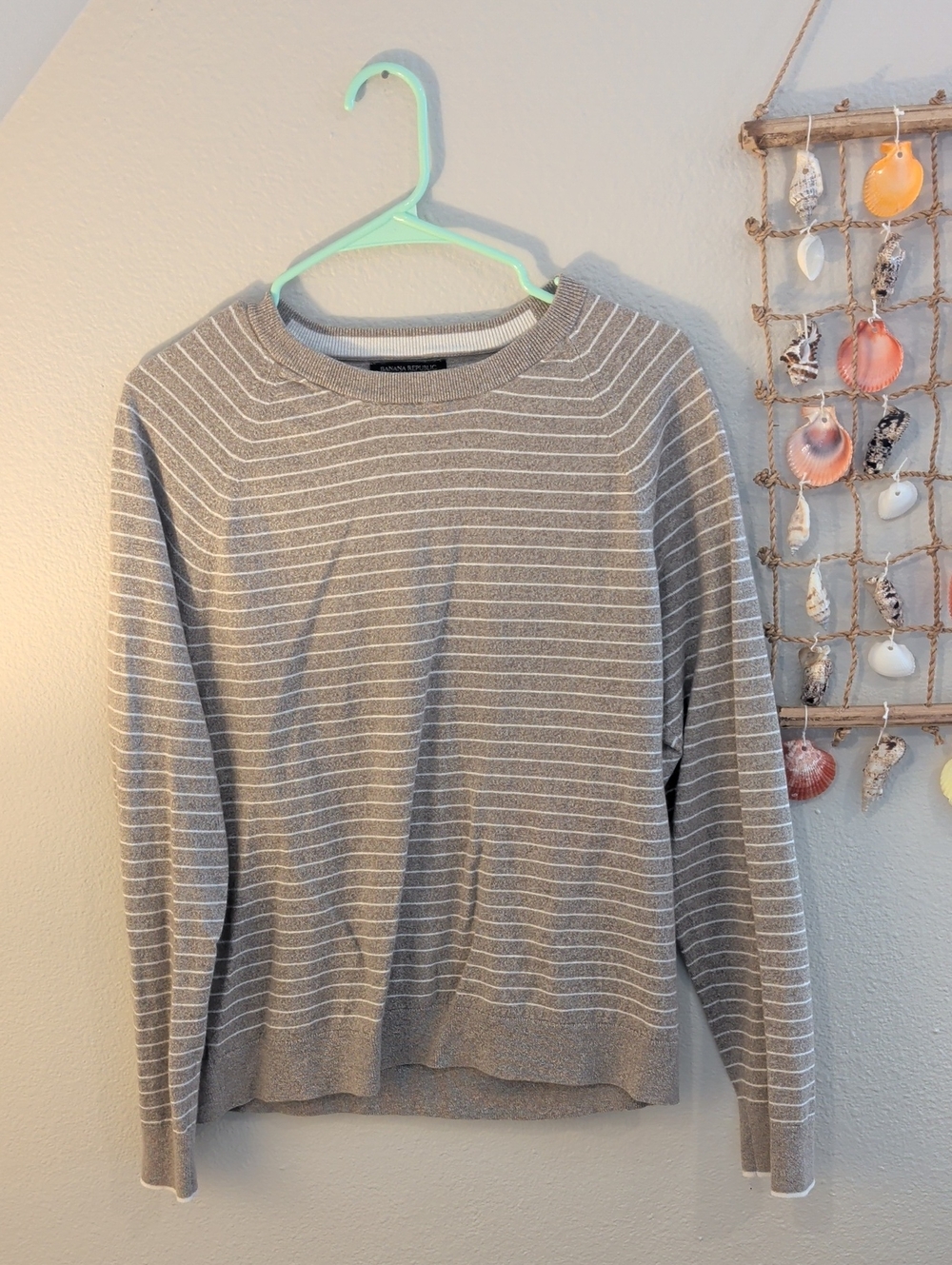 Banana Republic Men's Taupe with White Stripe Crewneck Sweater